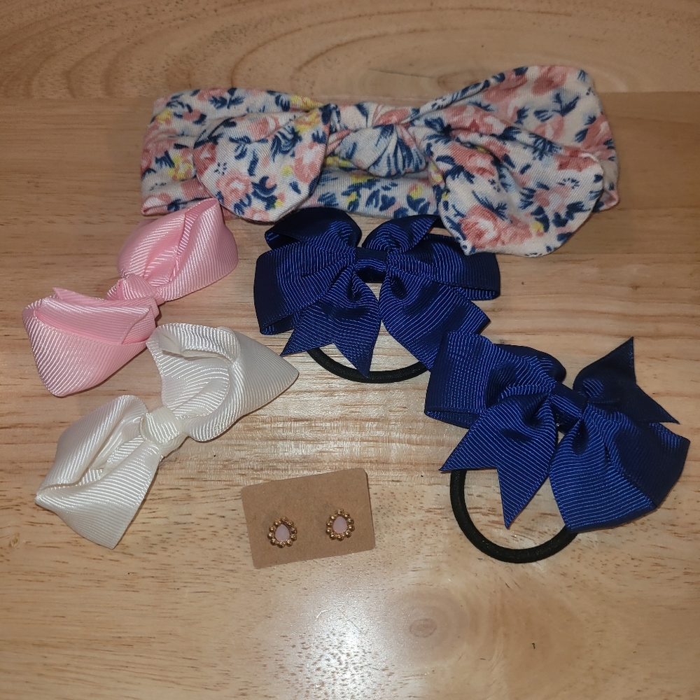 6 piece blue and pink hair bow and clip accessory bundle